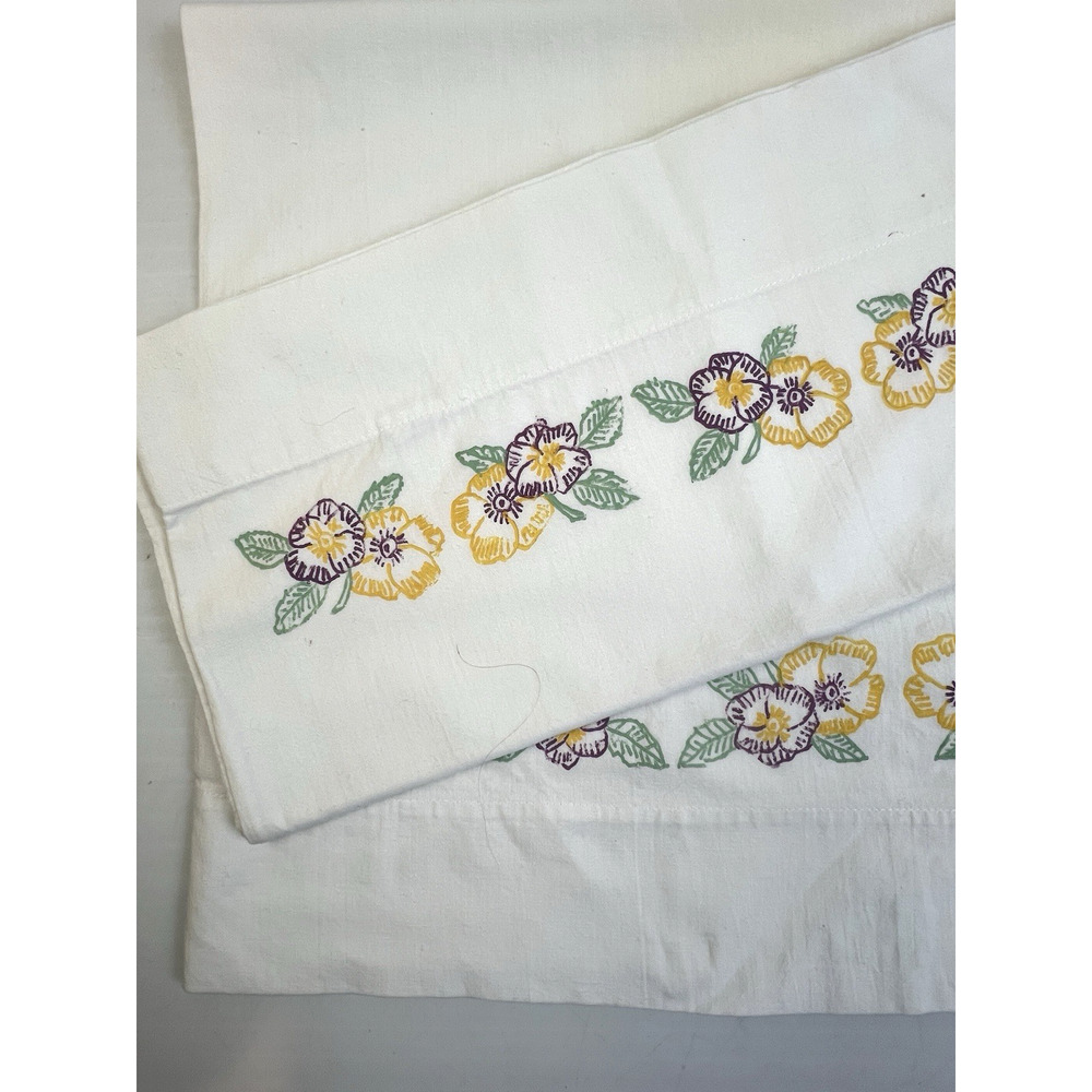 VIntage Stamped Embrodierey Pillow Cases Floral Pansy 30 x 21 White Cotton
